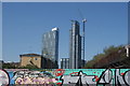 View of buildings in Shoreditch from the railway bridge on Brick Lane