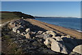 Sea defence rocks and beach at Bee Sands