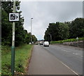 Speed camera sign facing westbound traffic on Newport Road, Trethomas