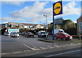 Lidl name sign and car park, Aberdare