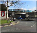 Transport for Wales train crosses above Court Road, Merthyr Tydfil