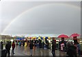TF9228 : Rainbow over the bookies at Fakenham Racecourse by Richard Humphrey