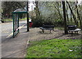 Metal benches near a bus stop and shelter, Caerphilly Road, Abertridwr