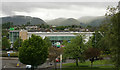 Asda and the distant Ochil Hills