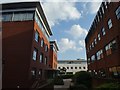 Path through the space between office buildings