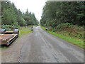 Minor road and cattle grid in woodland near Waste Water Treatment Works