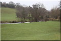 Fields on either side of Afon Honddu above weir