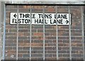 Sign where Three Tuns Lane and Elston Hall Lane merge