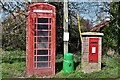 Fritton: Telephone and post boxes with rubbish bin in between