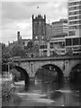 Blackfriars Bridge and Manchester Cathedral seen from Trinity Bridge