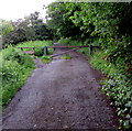 Metal barrier across a road into woodland, New Tredegar