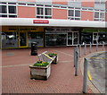 Social distancing measure on a bench in General Rees Square, Cwmbran