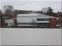 SO8455 : Swan Theatre across a flooded Worcester Racecourse by Chris Allen