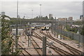 View of Eurostars in Temple Mills Depot from the Ruckholt Road footbridge