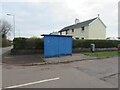 Blue bus shelter on a Llanharry corner