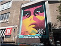 View of street art on the side of the Truman Brewery on Hanbury Street