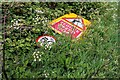 Road sign knocked over in cow parsley, by B2244 Sedlescombe