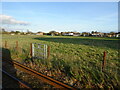 TR1029 : View from a Romney-Dungeness train - Fields near Hythe Road by Nigel Thompson