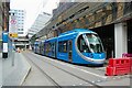 West Midlands Metro tram no. 17 at Grand Central, Stephenson Street, Birmingham