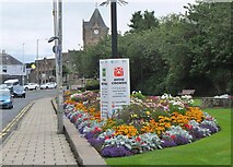 NT4936 : Flower beds and Covid posters, Galashiels by Jim Barton