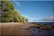 NH7358 : Rocks, gravels, sand and trees on Rosemarkie Bay by Julian Paren