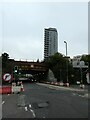 Looking towards a railway bridge from the High Street