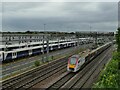 Great Eastern main line past Ilford railway depot, looking east