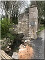 Gatepost and stream at Pen Dyffryn