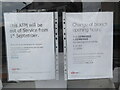 Two Notices in front window at HSBC Bank branch, Pinner