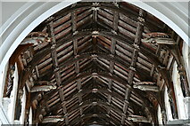 TF8709 : Necton, All Saints Church: Roof with alternating hammer beams and arch braces from the chancel by Michael Garlick