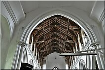 TF8709 : Necton, All Saints Church: Roof with alternating hammer beams and arch braces from the chancel by Michael Garlick