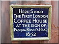 Plaque of The First London Coffee House off Cornhill