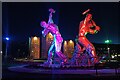 NS3274 : Shipbuilders of Port Glasgow sculpture at night by Thomas Nugent