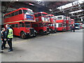 Preserved double-deck buses inside Romford Bus Garage