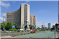 Tramway and Tricorn House by Hagley Road in Birmingham