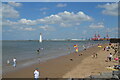 SJ3094 : Beach at New Brighton with view across to Liverpool2 container port by Rod Grealish