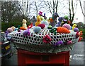 Detail, yarn bombed Elizabeth II postbox on Northwich Road, Weaverham