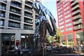 View of a statue of ballet shoes on City Island