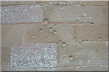SO8351 : Musket shot marks on St Peters church, Powick by Philip Halling