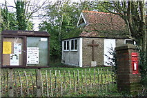 SP8605 : Dunsmore Village notice board, post box and church by Dennis Troughton