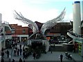 Sculpture of Angel in shopping precinct off Liverpool Road.