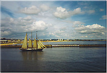 NJ9605 : SS Malcolm Miller leaves Aberdeen, Tall Ships Race 1991. by Colin Smith