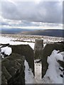 SD7381 : Whernside summit stile and trig point in the snow by John S Turner