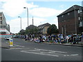 Fans awaiting the Cup by the Fratton Park roundabout