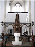 TF7743 : St Mary's church - C14 baptismal font by Evelyn Simak