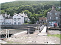 View back across the bridge to the shops at Porlock Bay