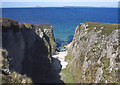 NR4279 : Sea cliffs and gully near Rubha A'Mhail by Tom Richardson